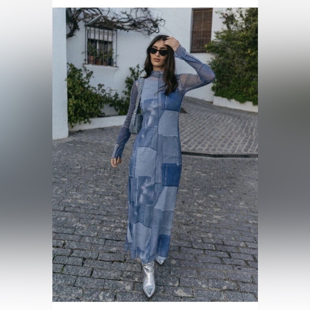 NWT Zara Blue Patchwork Tulle Dress